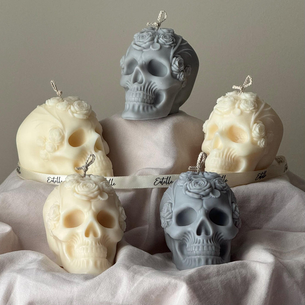Handmade Halloween Flowers Skull Candle: Spooky Soy Wax Home Decor