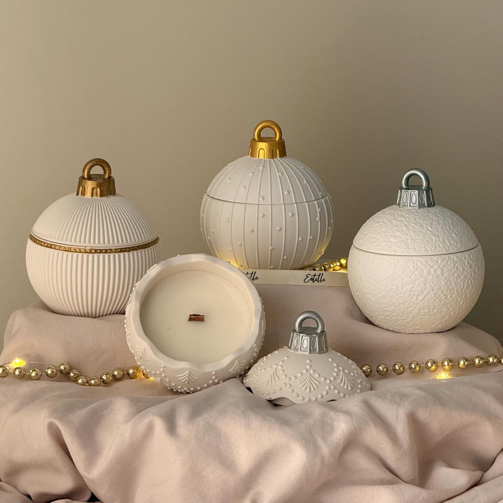 Winter Ornament Bauble Candle – Sculptural Holiday Decor, Handcrafted Soy Wax Candle
