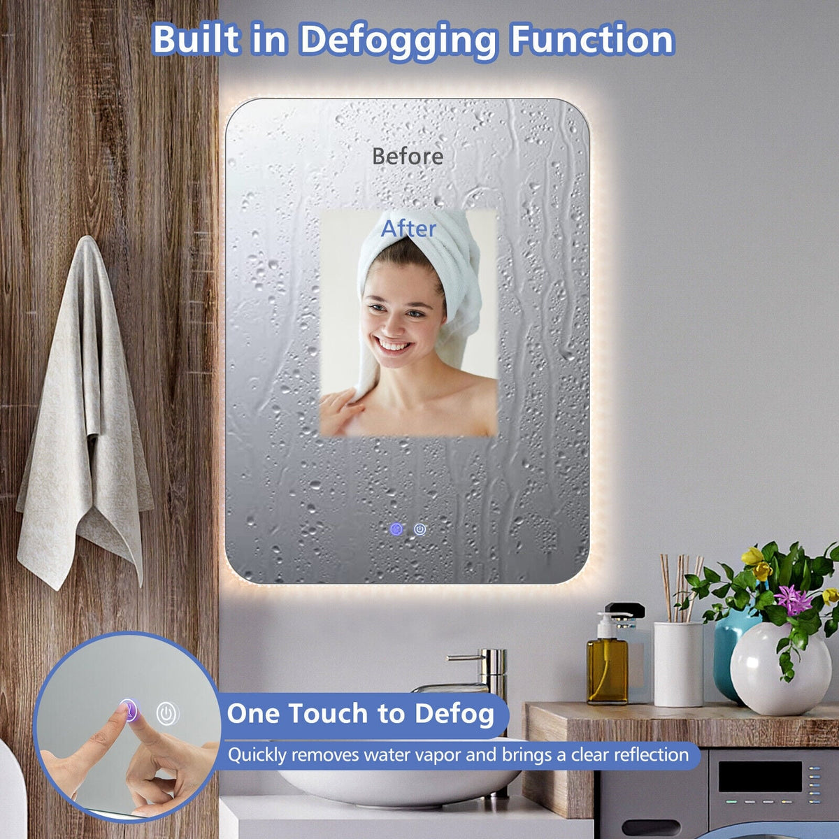 32 x 24 Zoll bruchsicherer Wandspiegel mit 3-Farben-Beleuchtung und Anti-Beschlag-Funktion