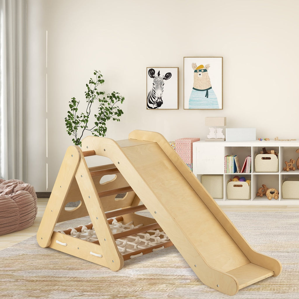 Patented 4 in 1 Triangle Climber Toy with Sliding Board and Climbing Net-Natural