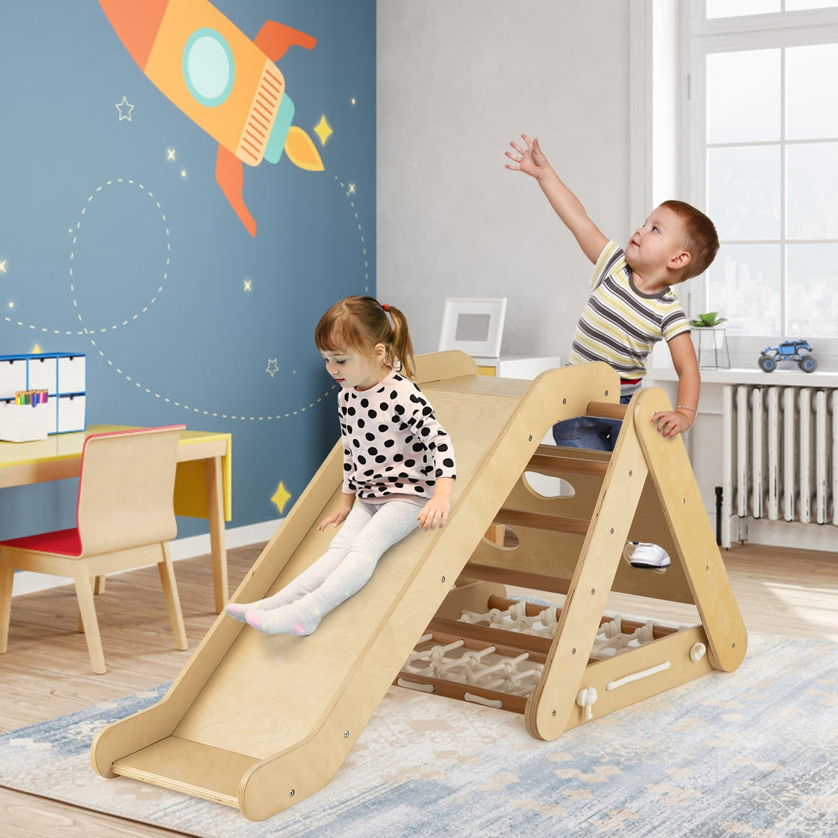 Patented 4 in 1 Triangle Climber Toy with Sliding Board and Climbing Net-Natural