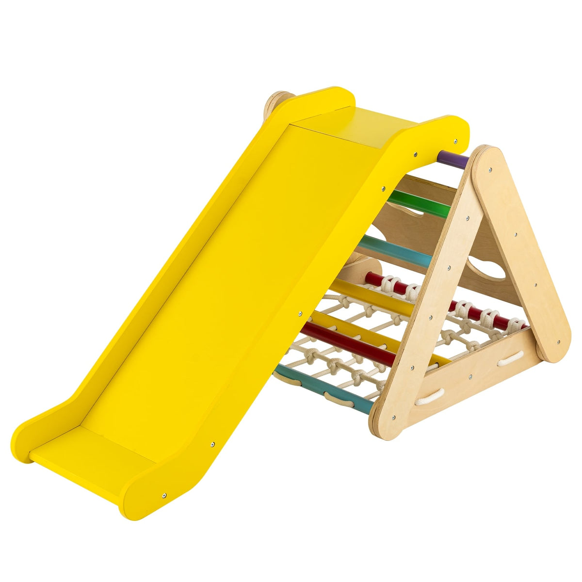 Juguete trepador triangular 4 en 1 patentado con tabla deslizante y red de escalada-Multicolor