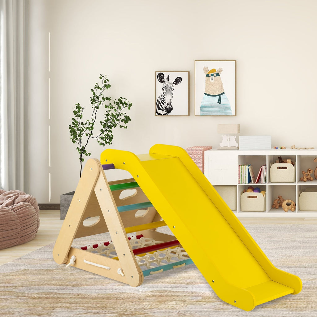 Juguete trepador triangular 4 en 1 patentado con tabla deslizante y red de escalada-Multicolor