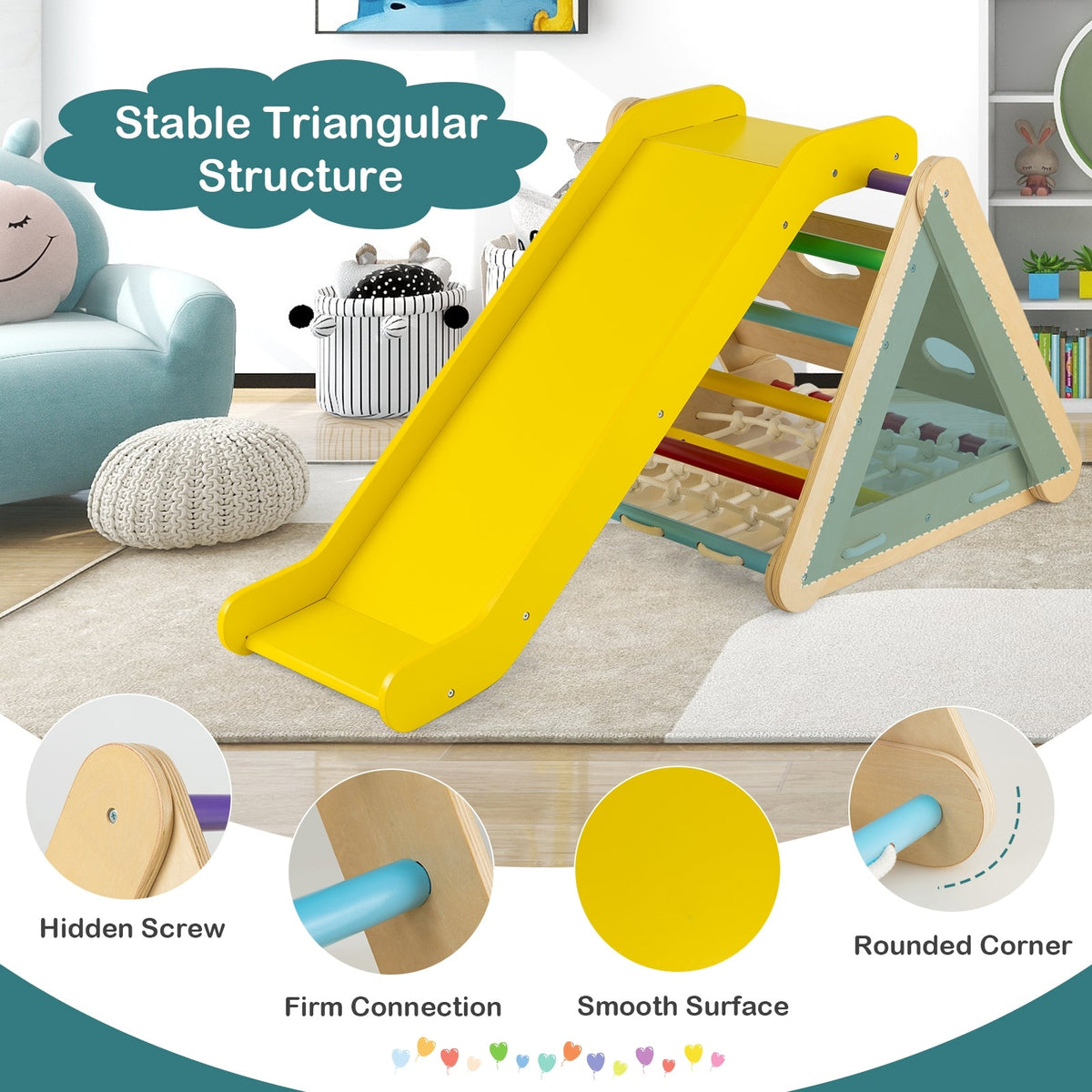 Juguete trepador triangular 4 en 1 patentado con tabla deslizante y red de escalada-Multicolor