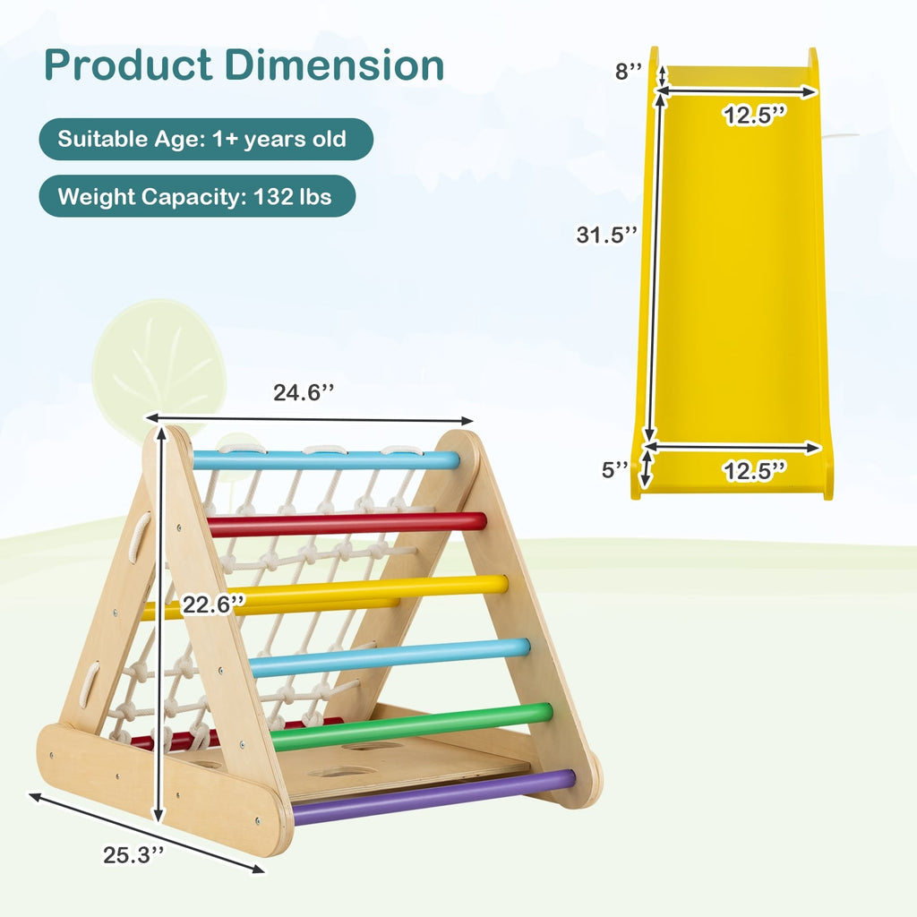 Juguete trepador triangular 4 en 1 patentado con tabla deslizante y red de escalada-Multicolor