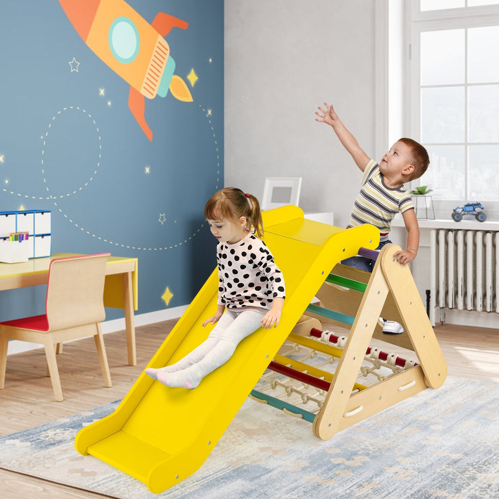 Juguete trepador triangular 4 en 1 patentado con tabla deslizante y red de escalada-Multicolor