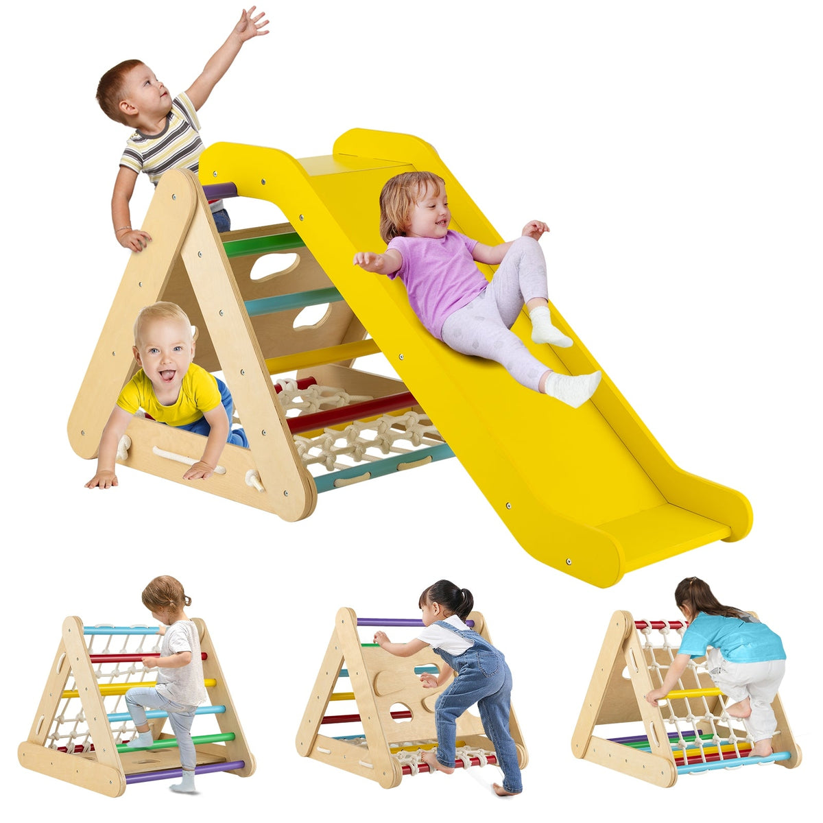Juguete trepador triangular 4 en 1 patentado con tabla deslizante y red de escalada-Multicolor