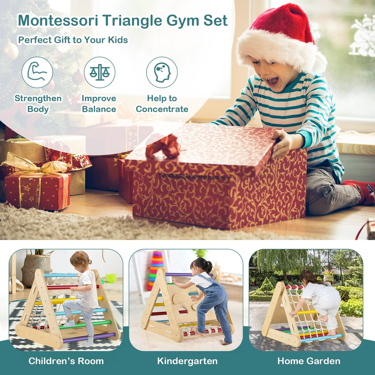 Juguete trepador triangular 4 en 1 patentado con tabla deslizante y red de escalada-Multicolor