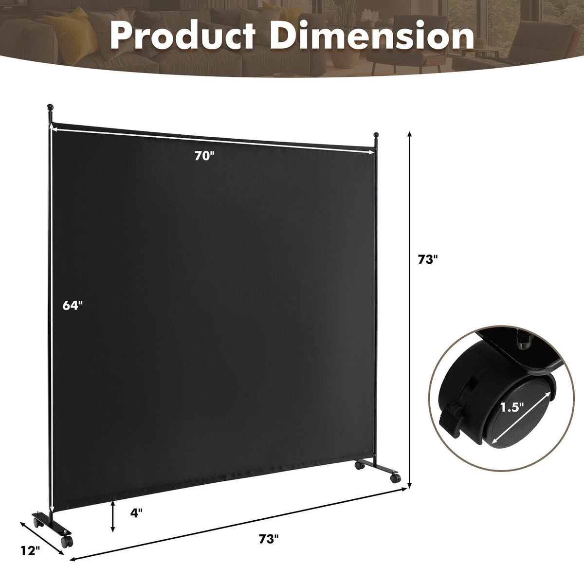 Separador de ambientes enrollable de panel único de 6 pies con ruedas suaves - Negro