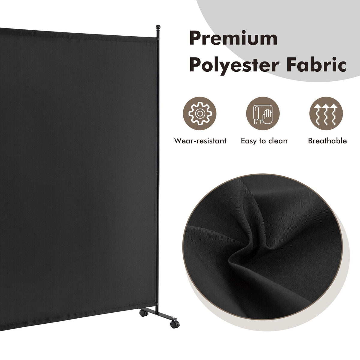 Separador de ambientes enrollable de panel único de 6 pies con ruedas suaves - Negro