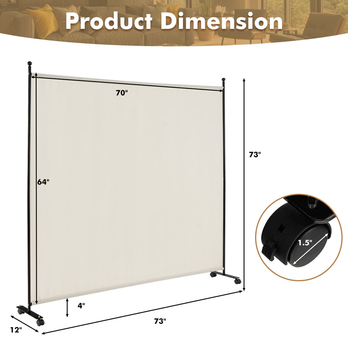 Separador de ambientes rodante de un solo panel de 6 pies con ruedas suaves - Blanco