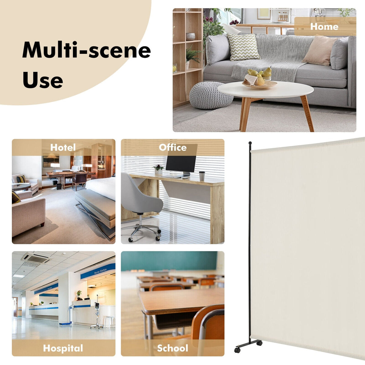 Separador de ambientes rodante de un solo panel de 6 pies con ruedas suaves - Blanco