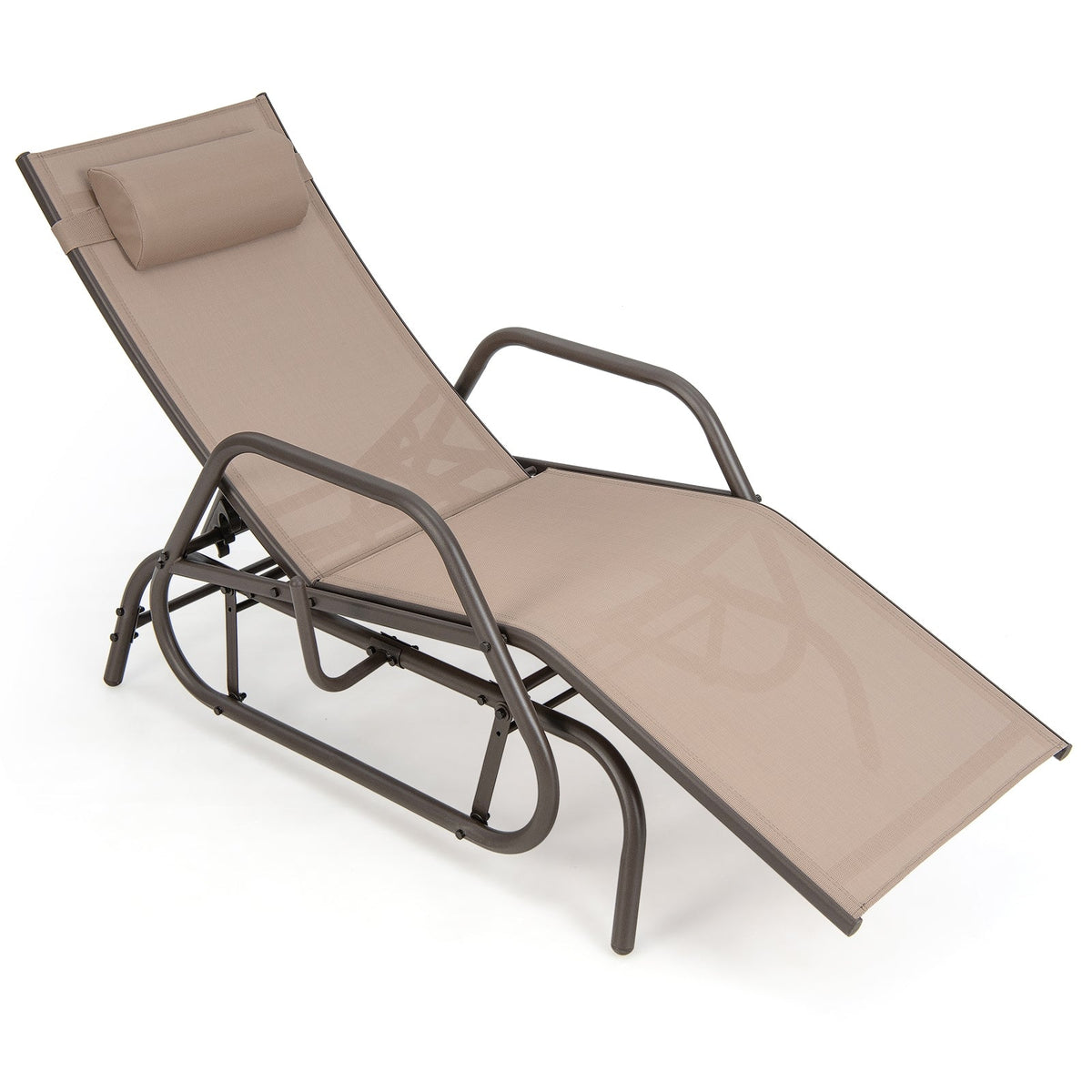 Outdoor Glider Chaise Lounge with Gliding Arms and Pillow, Rustic Brown