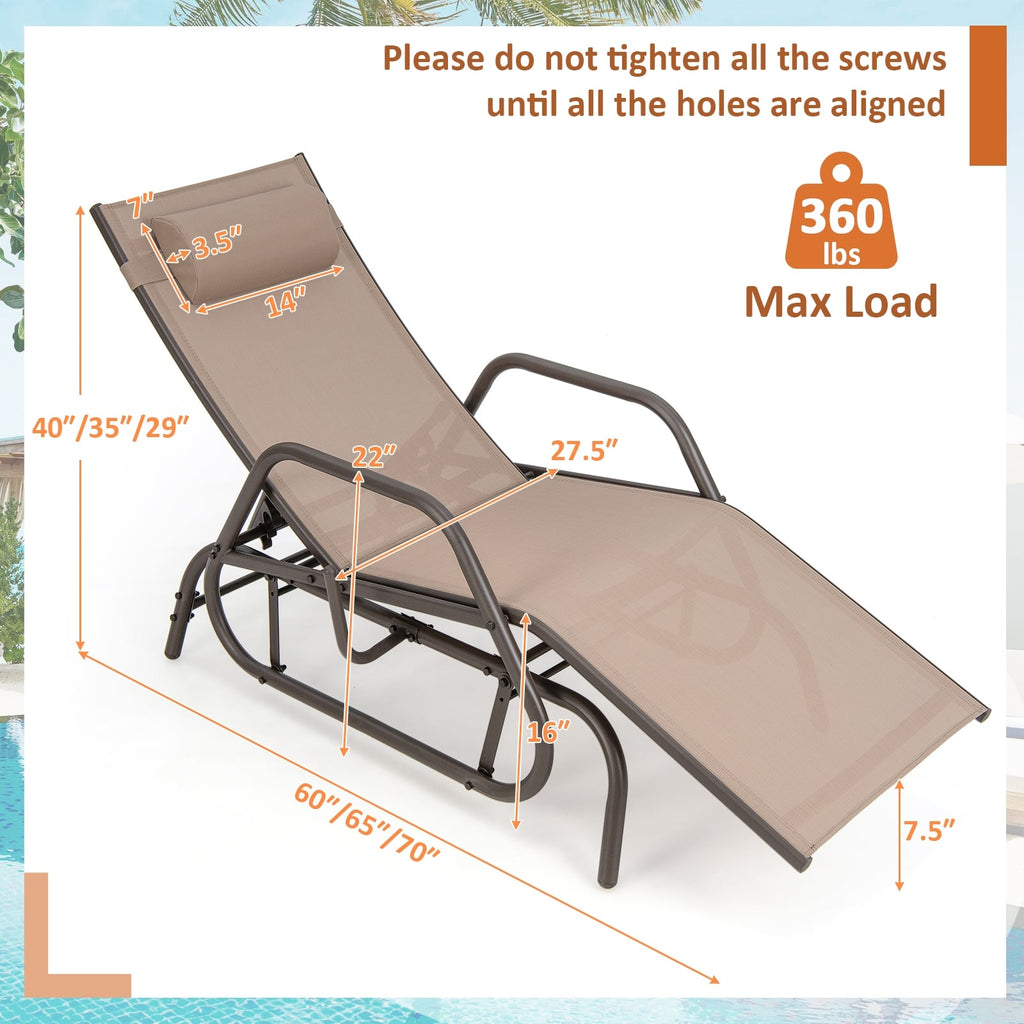 Outdoor Glider Chaise Lounge with Gliding Arms and Pillow, Rustic Brown