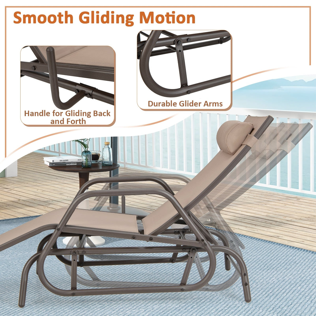 Outdoor Glider Chaise Lounge with Gliding Arms and Pillow, Rustic Brown
