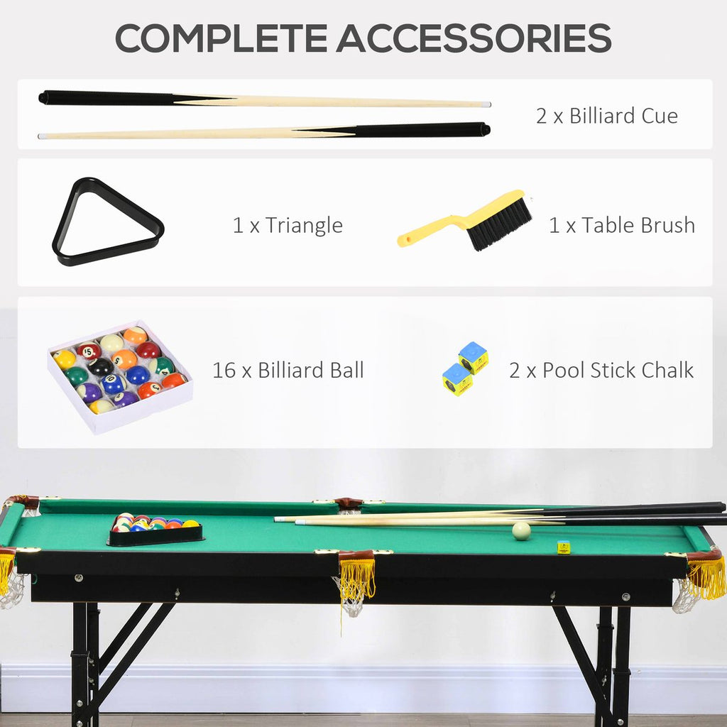 55" Pool Table Set Folding Billiard Table with Adjustable Height, 2 Cues, 16 Balls, 2 Chalks, Triangle, Brush, Green