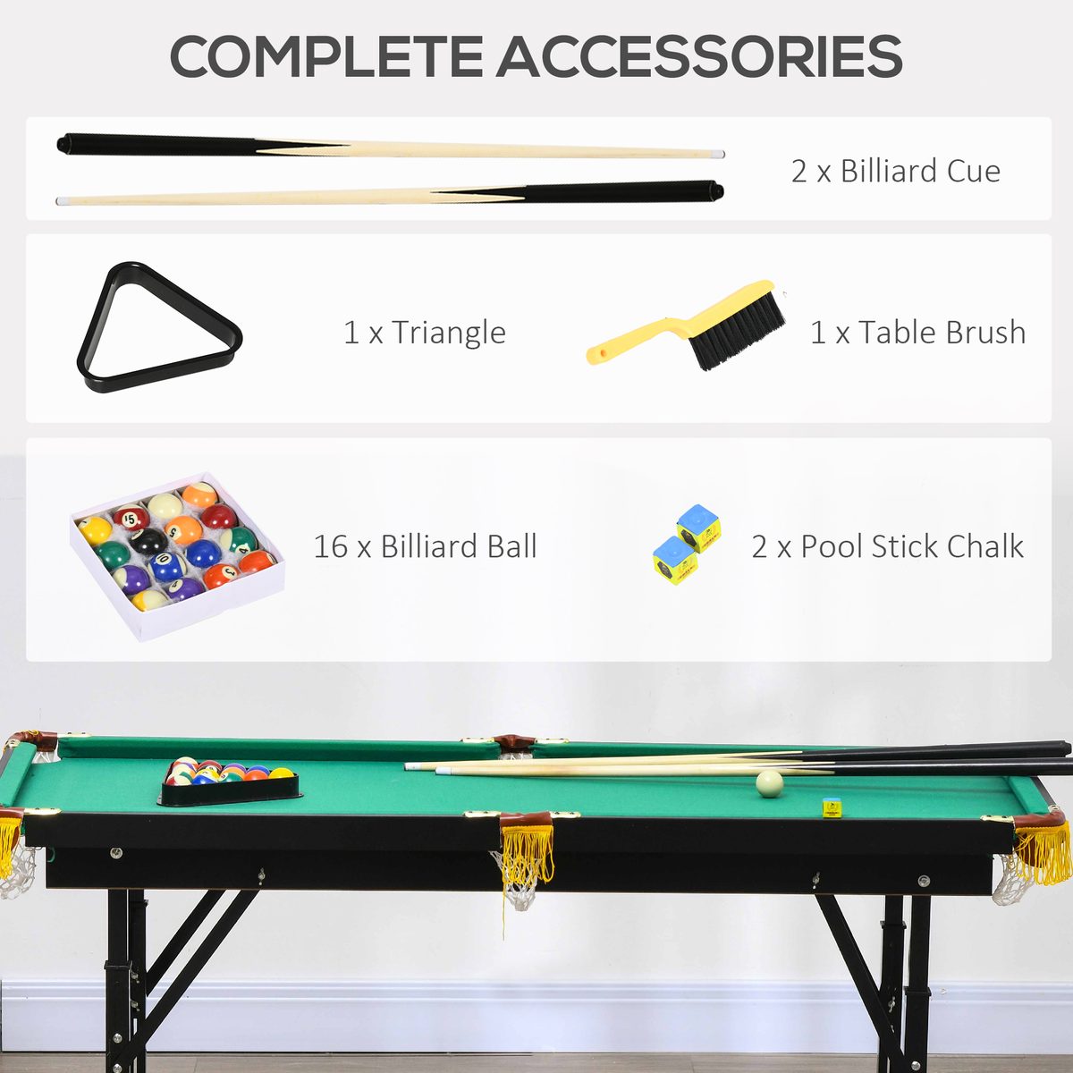 55" Pool Table Set Folding Billiard Table with Adjustable Height, 2 Cues, 16 Balls, 2 Chalks, Triangle, Brush, Green