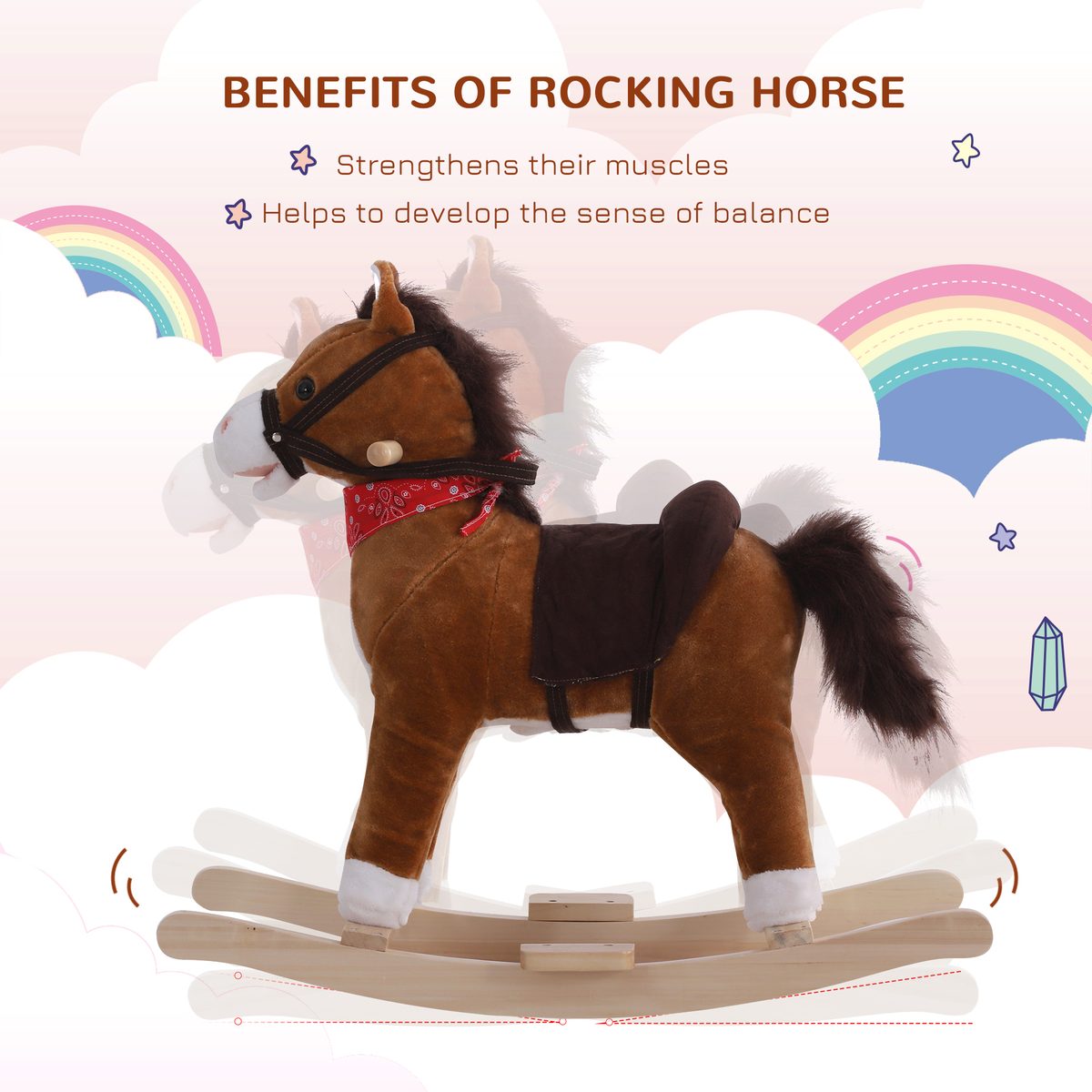 Kids Plush Rocking Horse Child Ride On Toy Rocker with Realistic Sounds Coffee
