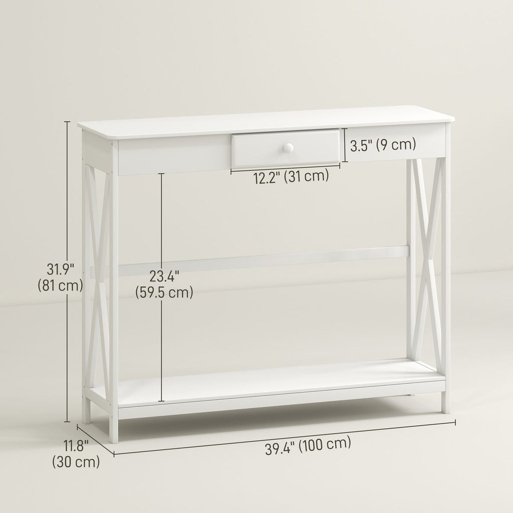 39" Console Table, 2 Tier X-Design Narrow Entryway Table with Drawer and Storage Shelf for Behind Couch, Living Room, Hallway, White