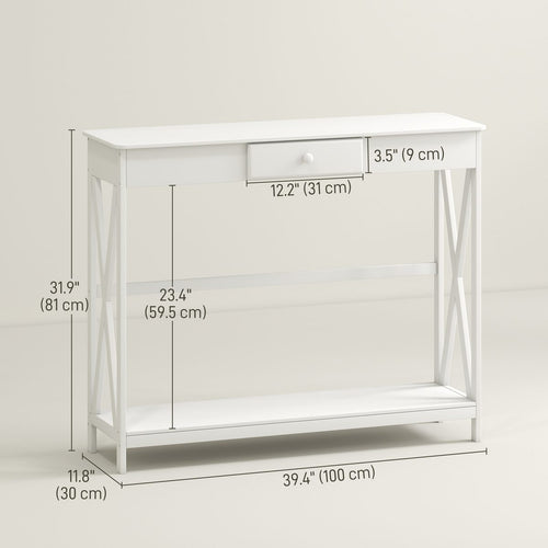 39" Console Table, 2 Tier X-Design Narrow Entryway Table with Drawer and Storage Shelf for Behind Couch, Living Room, Hallway, White