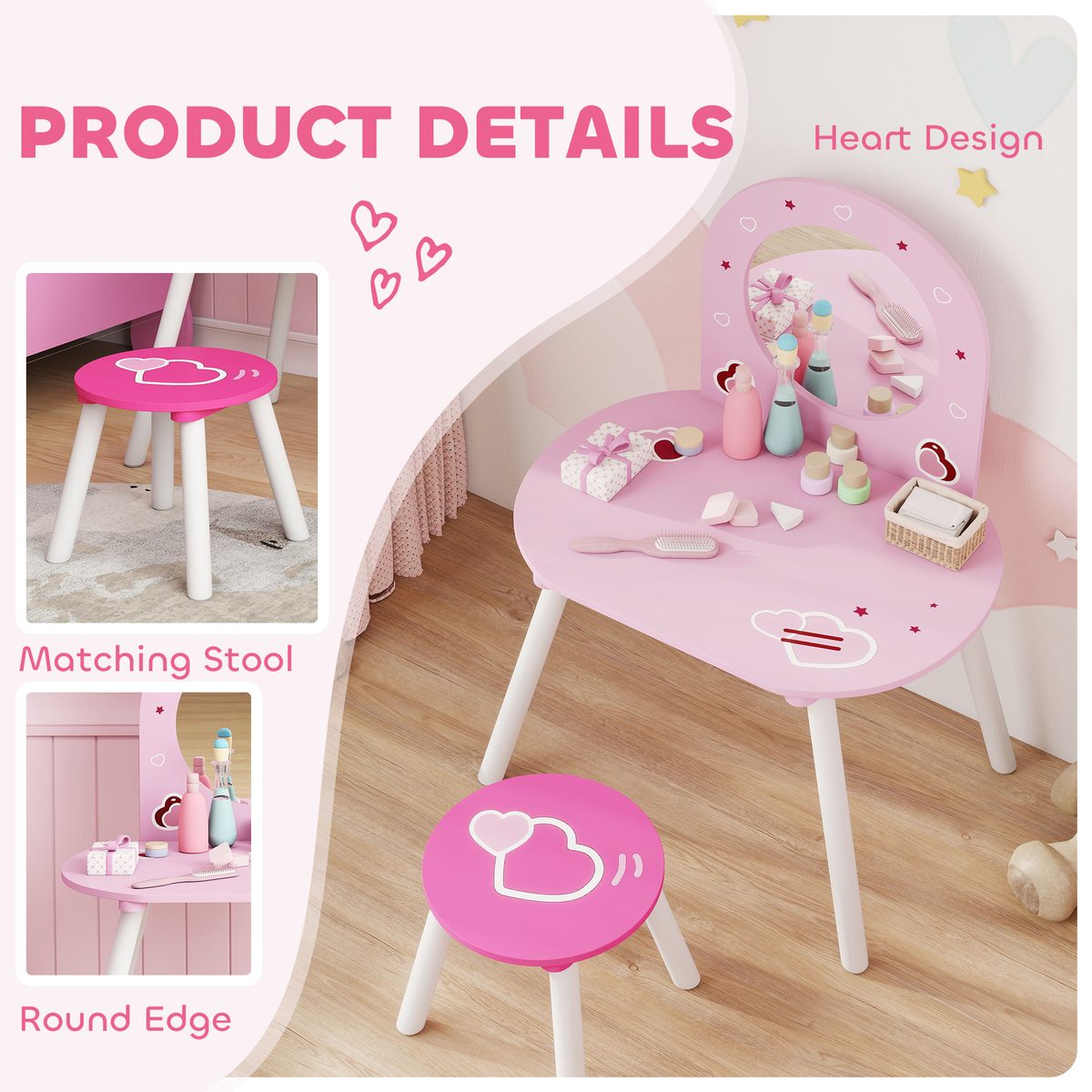Kids Dressing Table with Mirror and Stool, Girls Vanity Set for Bedroom, Nursery, for Ages 3-6, Pink