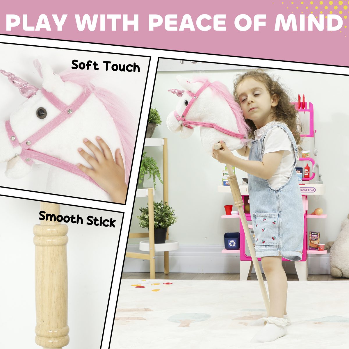 Unicorn Stick Horse, Plush Hobby Horse with Wood Wheels, Real Pony Neighing and Galloping Sounds, for Kids, White