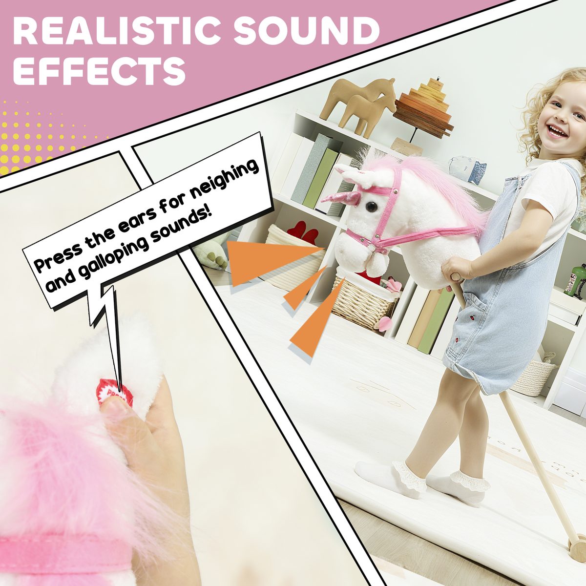 Unicorn Stick Horse, Plush Hobby Horse with Wood Wheels, Real Pony Neighing and Galloping Sounds, for Kids, White
