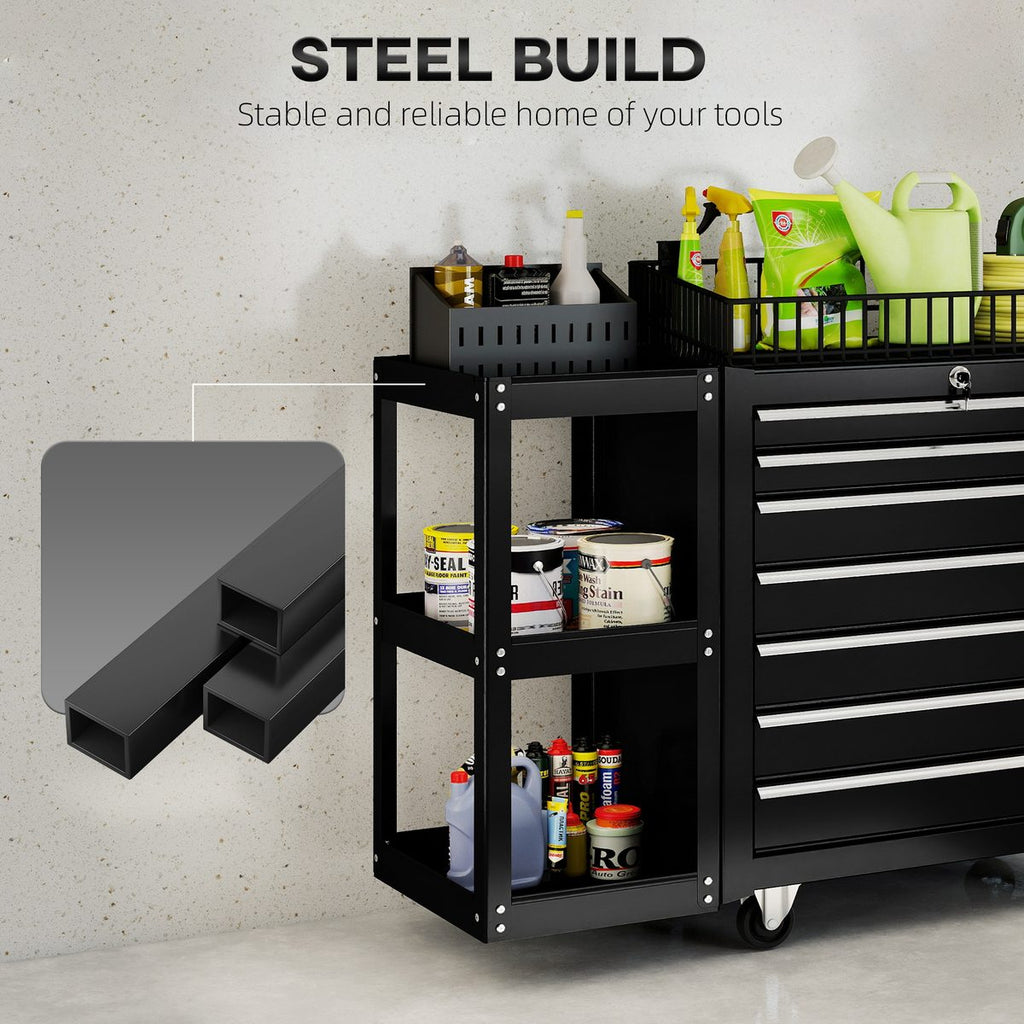 7-Drawer Rolling Tool Chest with Detachable Side Shelf, Lockable Tool Cabinet Box Organizer with Wheels, Black