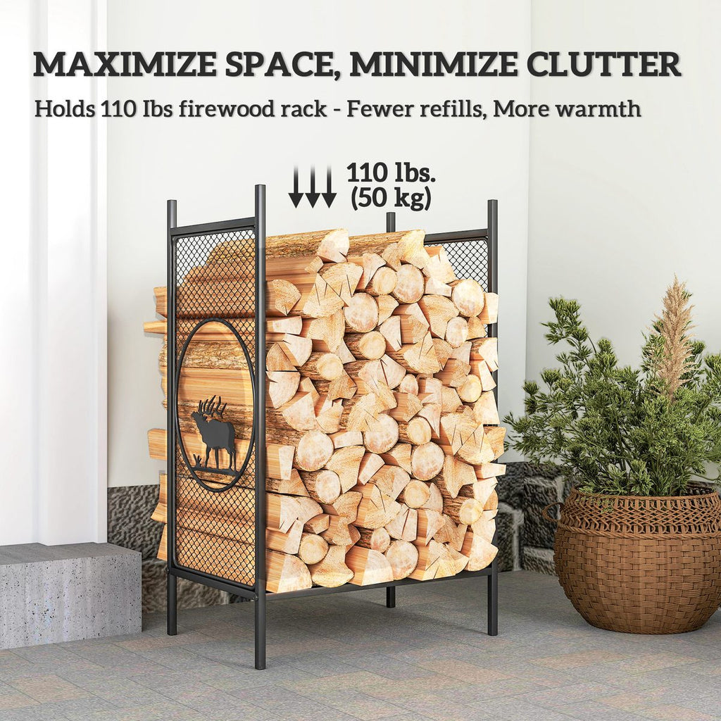 Firewood Rack Outdoor, 19" Heavy Duty Metal Fireplace Log Holder with Mesh Sides and Decorative Deer Patterns