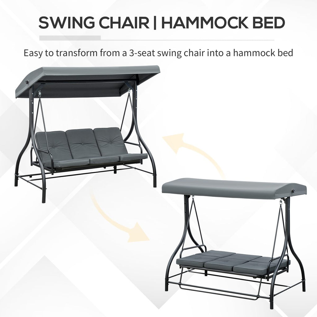 Convertible Patio Swing Bed with Canopy and Cushions, 3 Seater Porch Swing for Outdoor, Backyard, Garden, Dark Grey