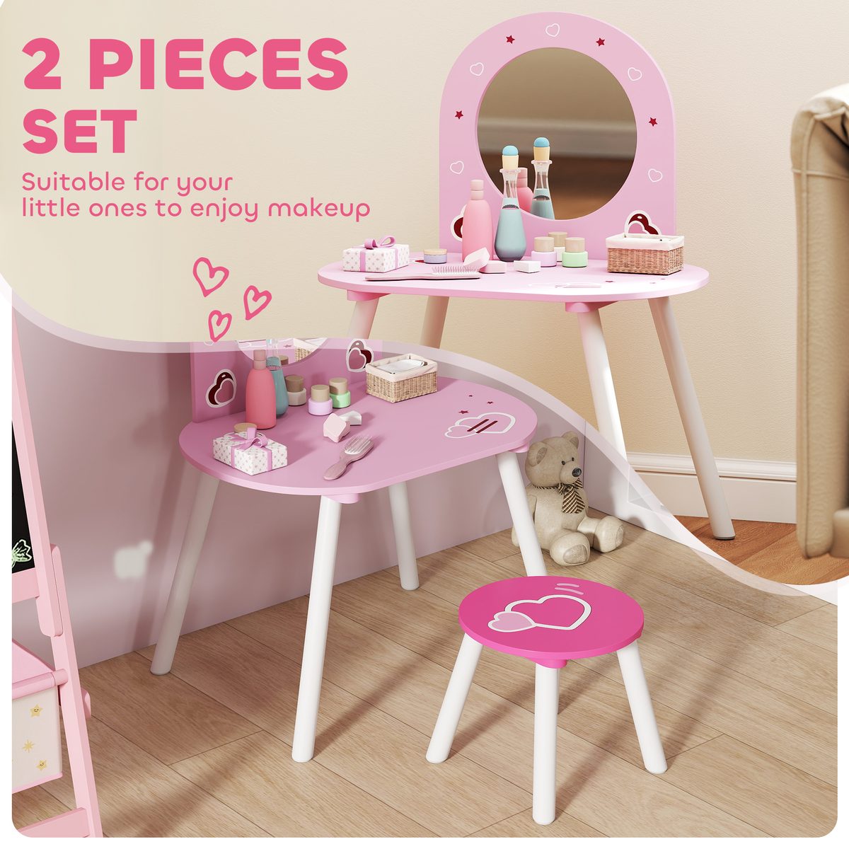 Kids Dressing Table with Mirror and Stool, Girls Vanity Set for Bedroom, Nursery, for Ages 3-6, Pink