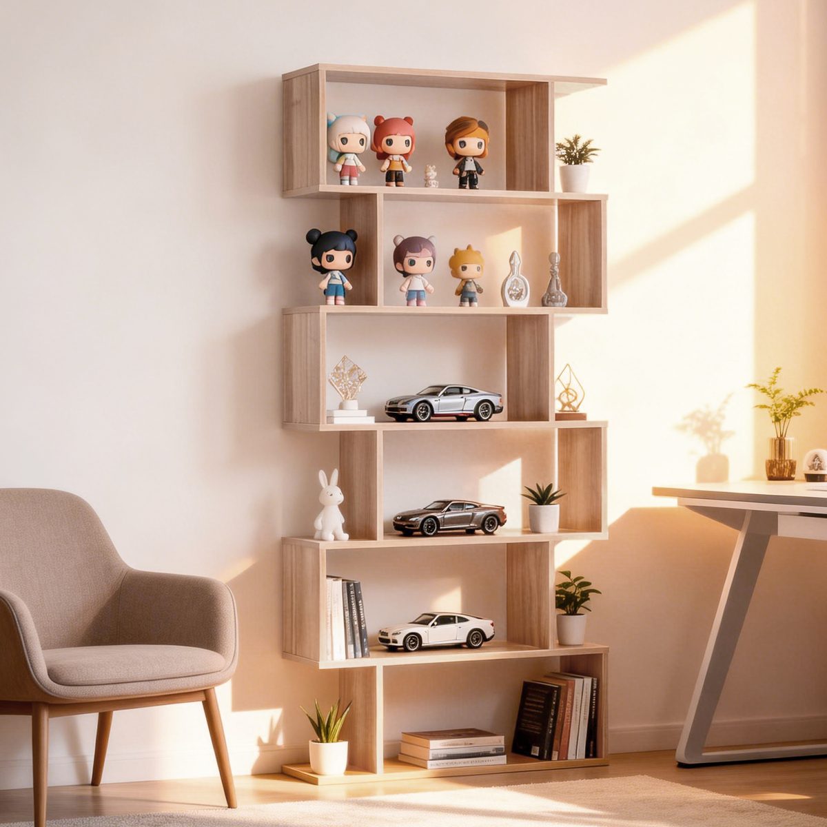 76" 6-Tier Geometric Wooden Bookcase S Shaped Storage Display Bookshelf Modern shelf Open Concept Living Room Home Office Furniture, Maple