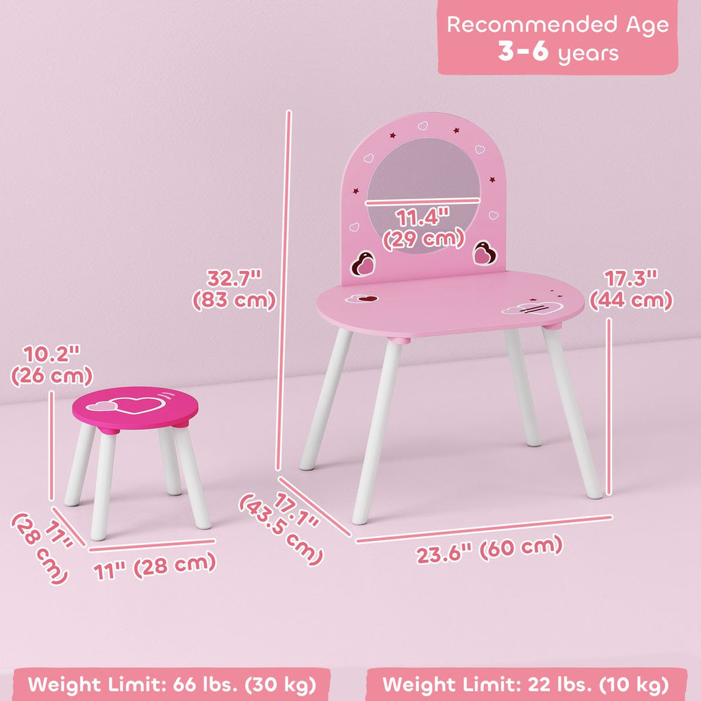 Kids Dressing Table with Mirror and Stool, Girls Vanity Set for Bedroom, Nursery, for Ages 3-6, Pink