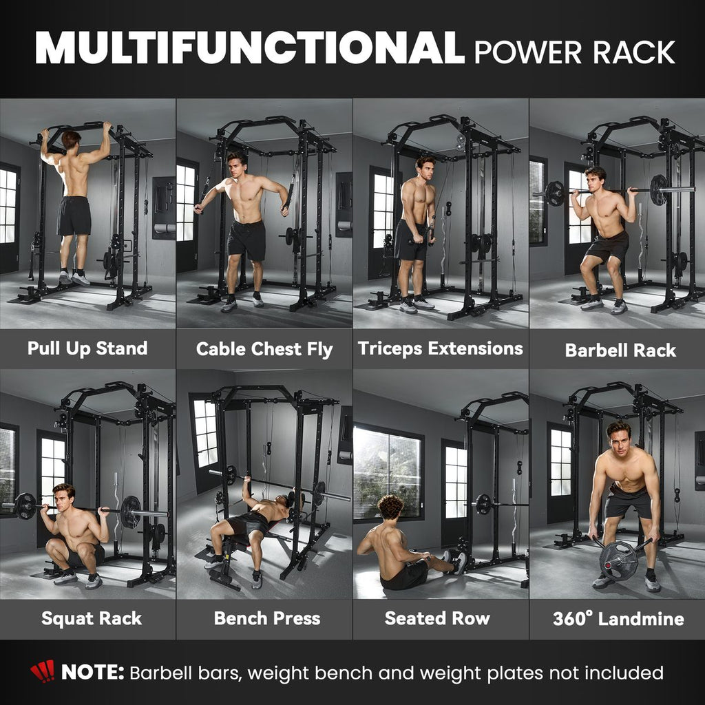 Multi-Functional Power Rack, Smith Machine Cable Crossover System with Pull Up Bar, Lat-Pull Down System, Landmine