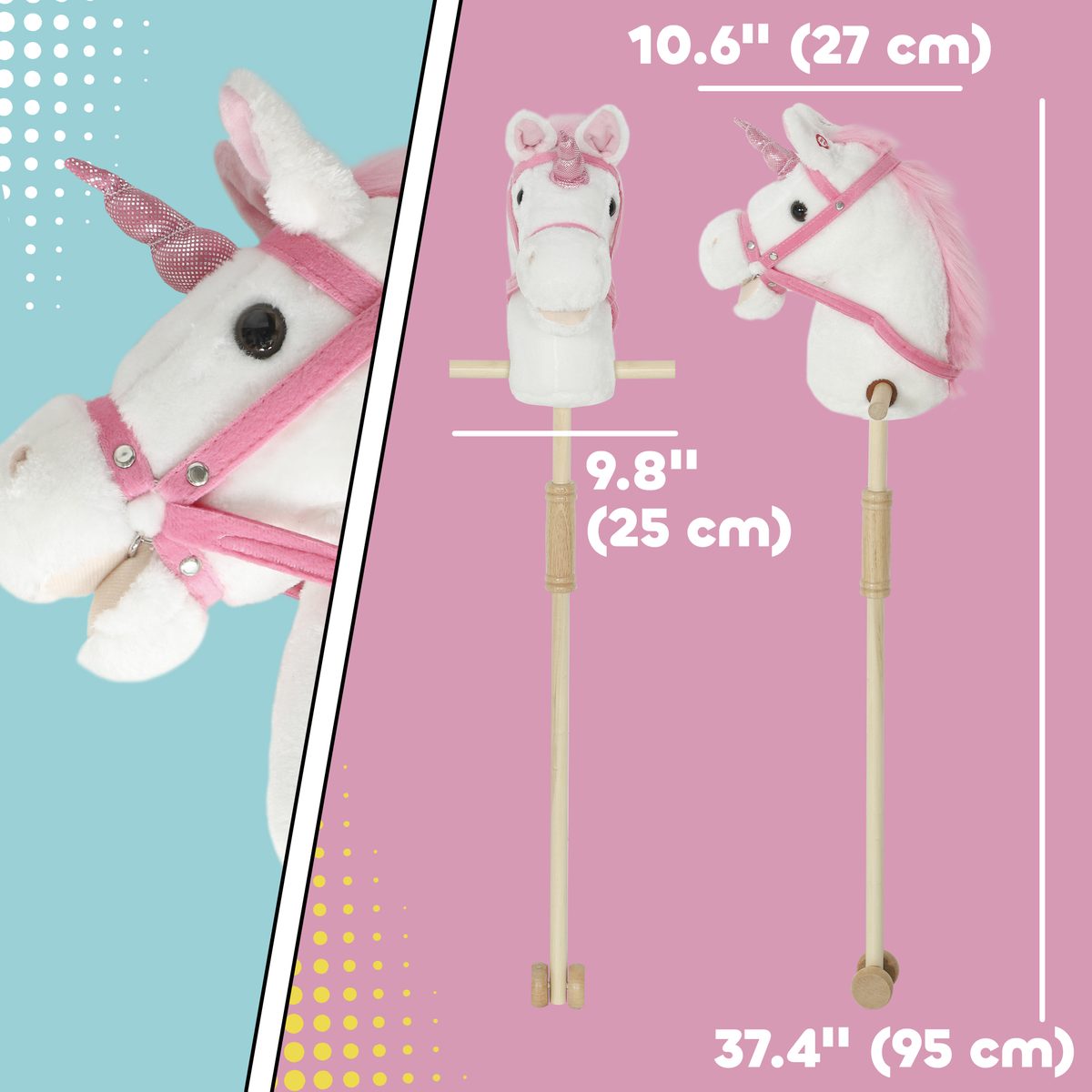 Unicorn Stick Horse, Plush Hobby Horse with Wood Wheels, Real Pony Neighing and Galloping Sounds, for Kids, White