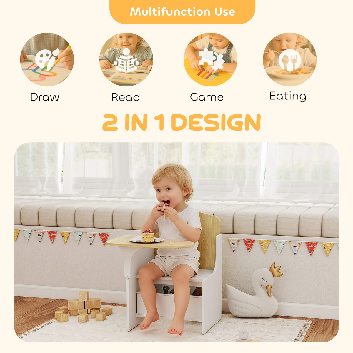 Kids Table and Chair Set, Children Desk and Chair with Storage Bin for Playing, Reading, Painting, for Ages 3-5, White