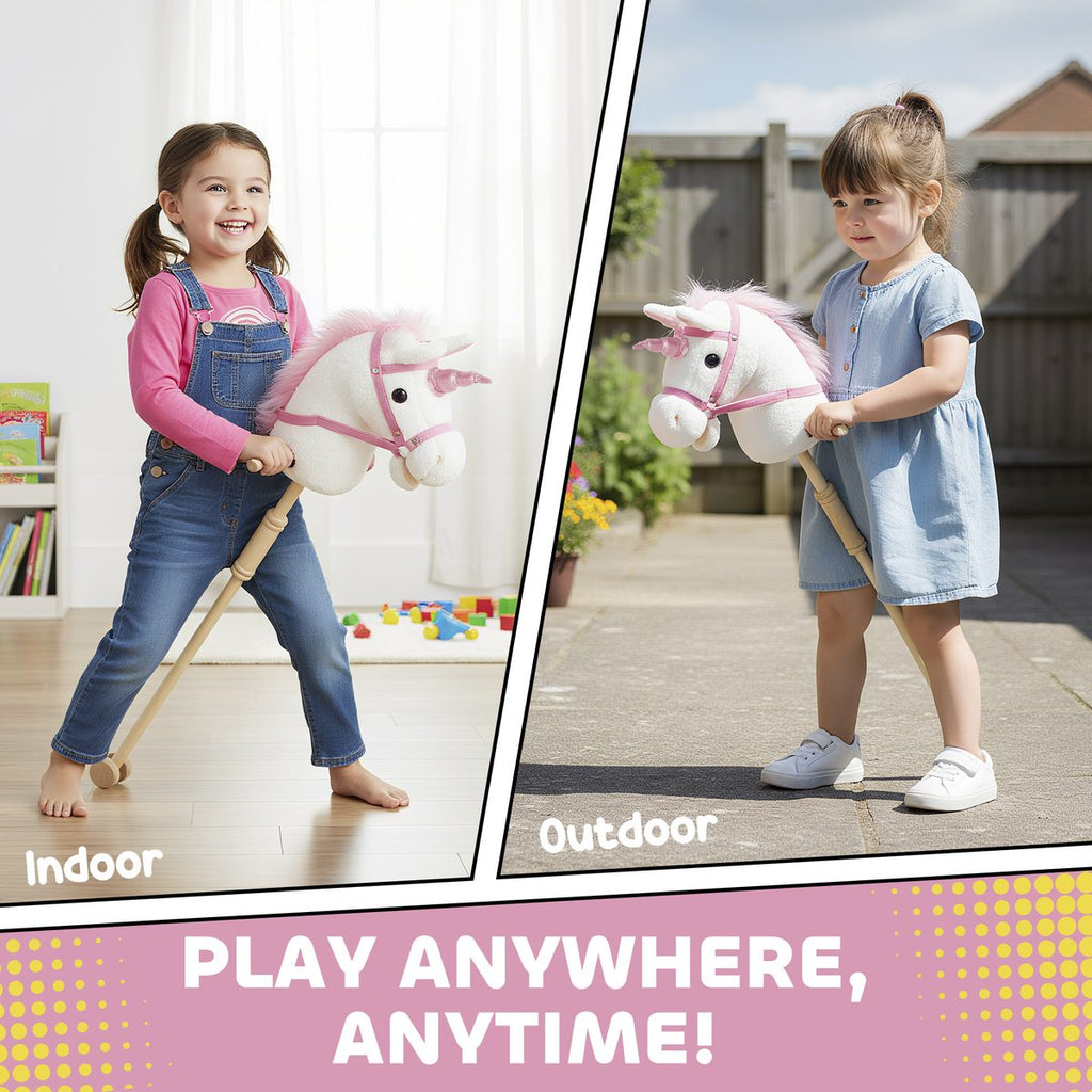 Unicorn Stick Horse, Plush Hobby Horse with Wood Wheels, Real Pony Neighing and Galloping Sounds, for Kids, White