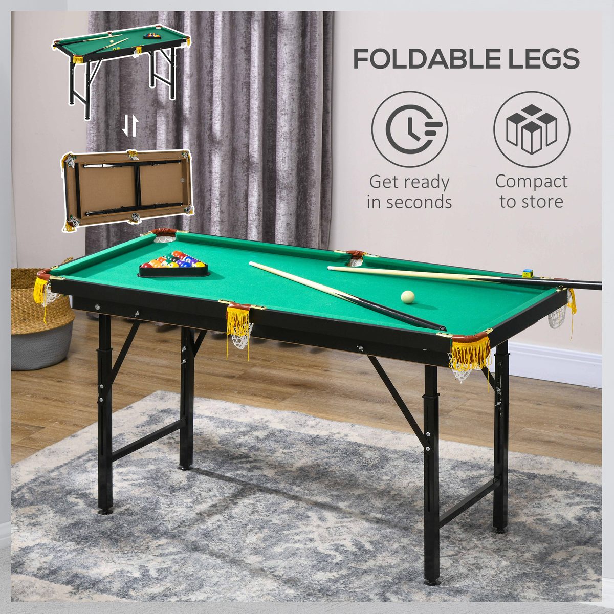 55" Pool Table Set Folding Billiard Table with Adjustable Height, 2 Cues, 16 Balls, 2 Chalks, Triangle, Brush, Green