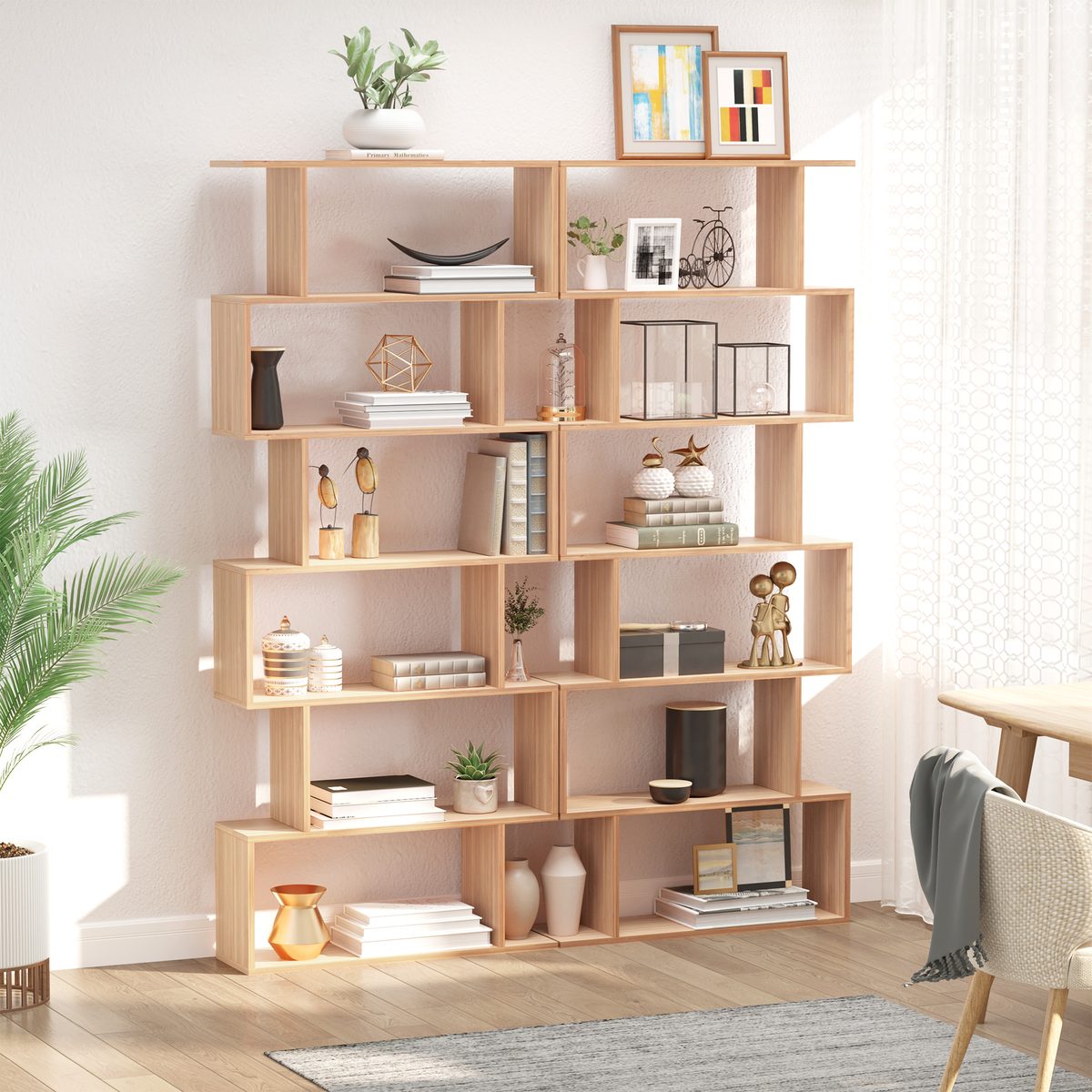76" 6-Tier Geometric Wooden Bookcase S Shaped Storage Display Bookshelf Modern shelf Open Concept Living Room Home Office Furniture, Maple