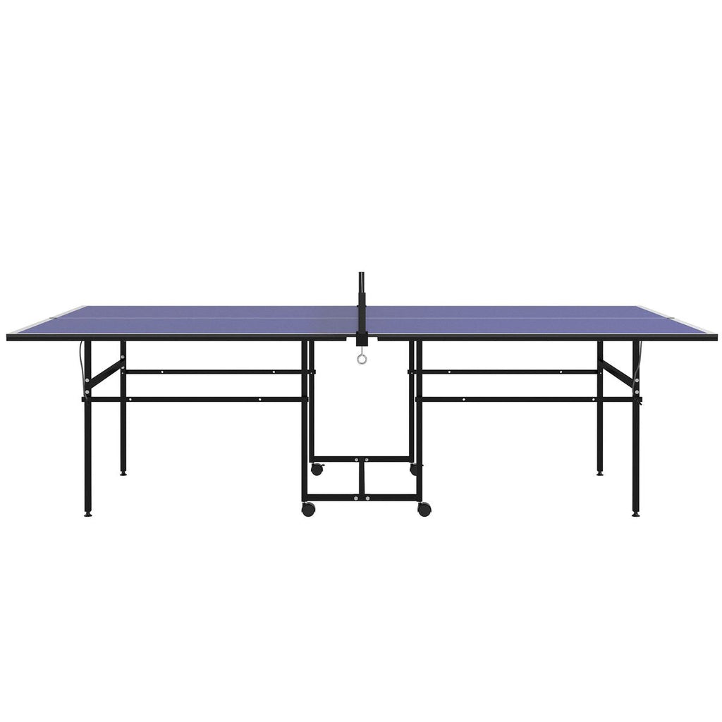 Full Size Table Tennis Table, Folding Ping Pong Table with Net, Paddles, Balls and Wheels, Blue