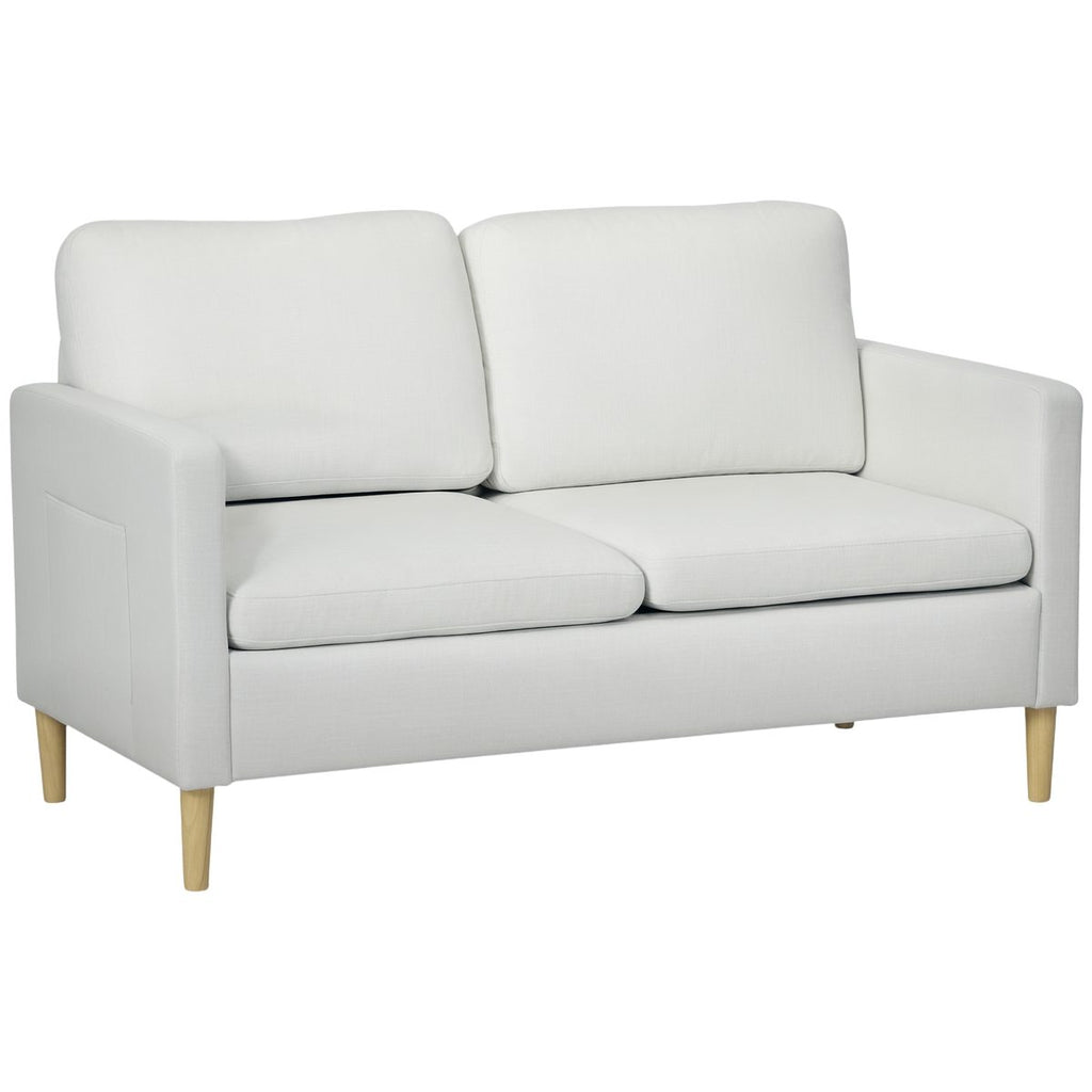 56" 2 Seat Sofa, Modern Love Seats Furniture, Upholstered 2 Seater Couch with Side Pockets, Solid Wood Frame, White
