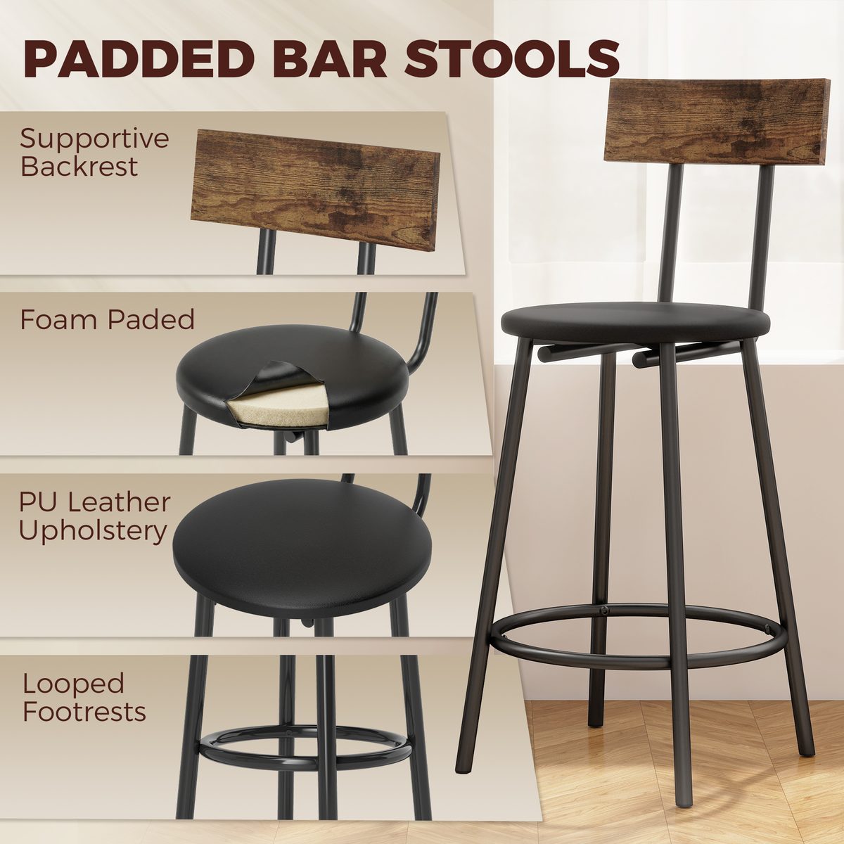 Bar Table Set Counter Height Barstools Set of 2 PU Cushioned Seats Rustic Brown