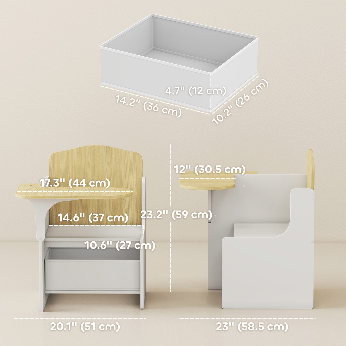 Kids Table and Chair Set, Children Desk and Chair with Storage Bin for Playing, Reading, Painting, for Ages 3-5, White