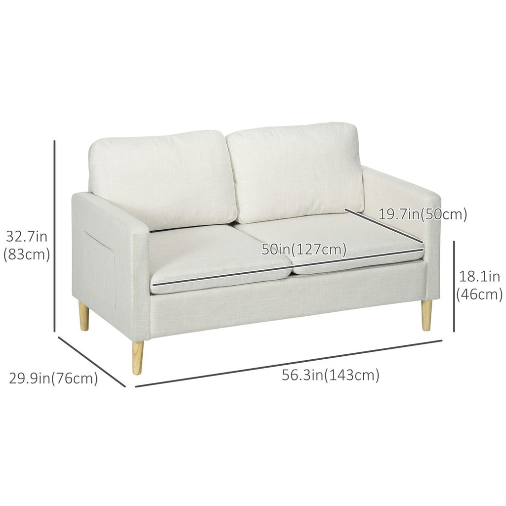 56" 2 Seat Sofa, Modern Love Seats Furniture, Upholstered 2 Seater Couch with Side Pockets, Solid Wood Frame, White