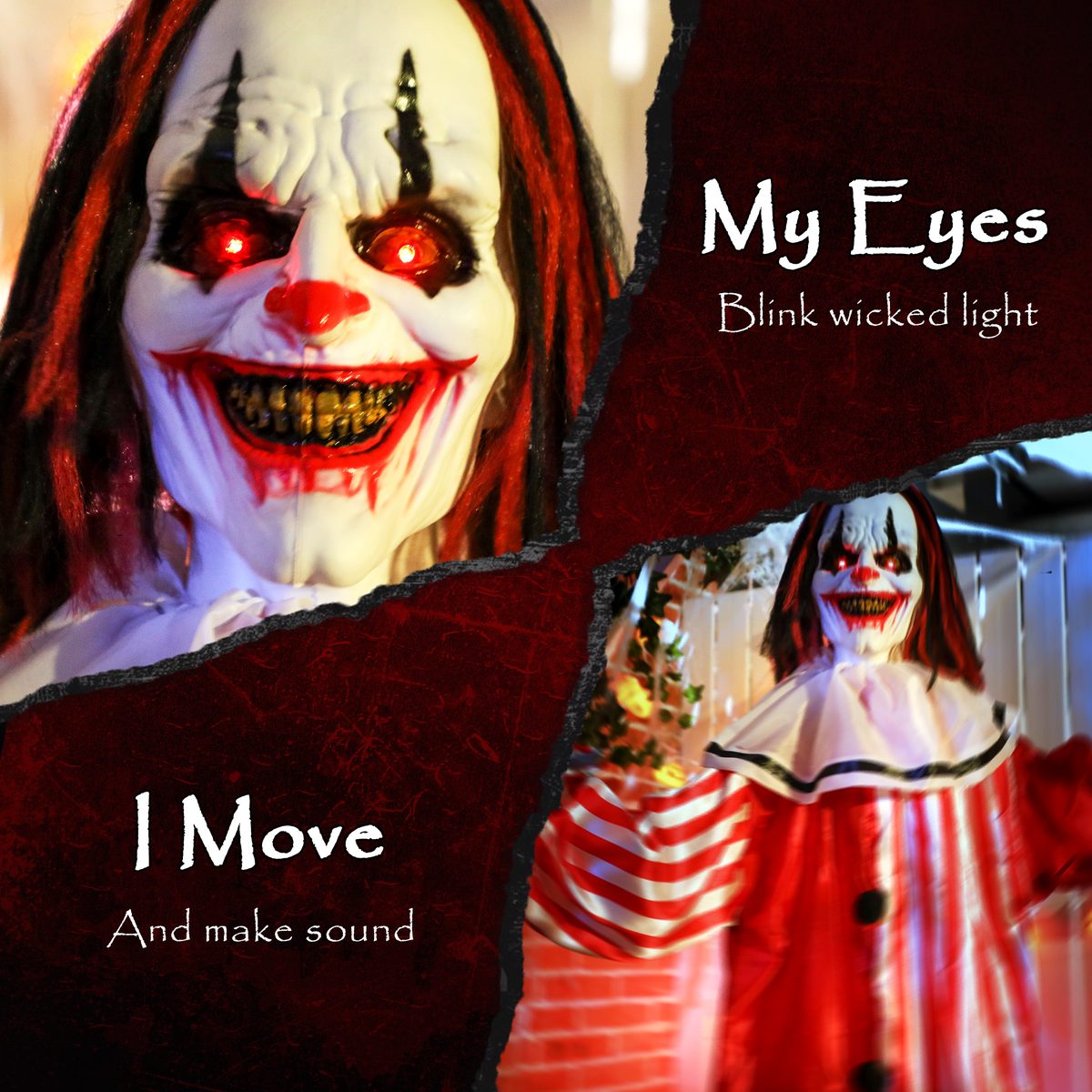 Life Size Halloween Animated Clown with Red Light Up Eyes, Sound Activated Scary Halloween Decorations, Battery Operated