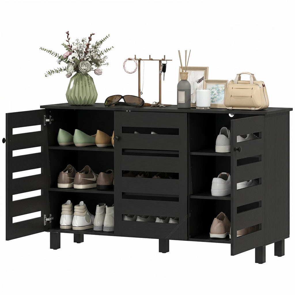 Shoe Cabinet with 3 Slatted Doors, 3-tier Shelving Rack Cabinet with Adjustable Shelves for 15 Pairs of Shoes, Black