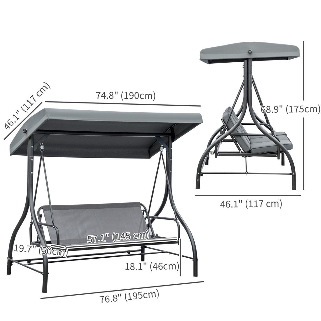 Convertible Patio Swing Bed with Canopy and Cushions, 3 Seater Porch Swing for Outdoor, Backyard, Garden, Dark Grey