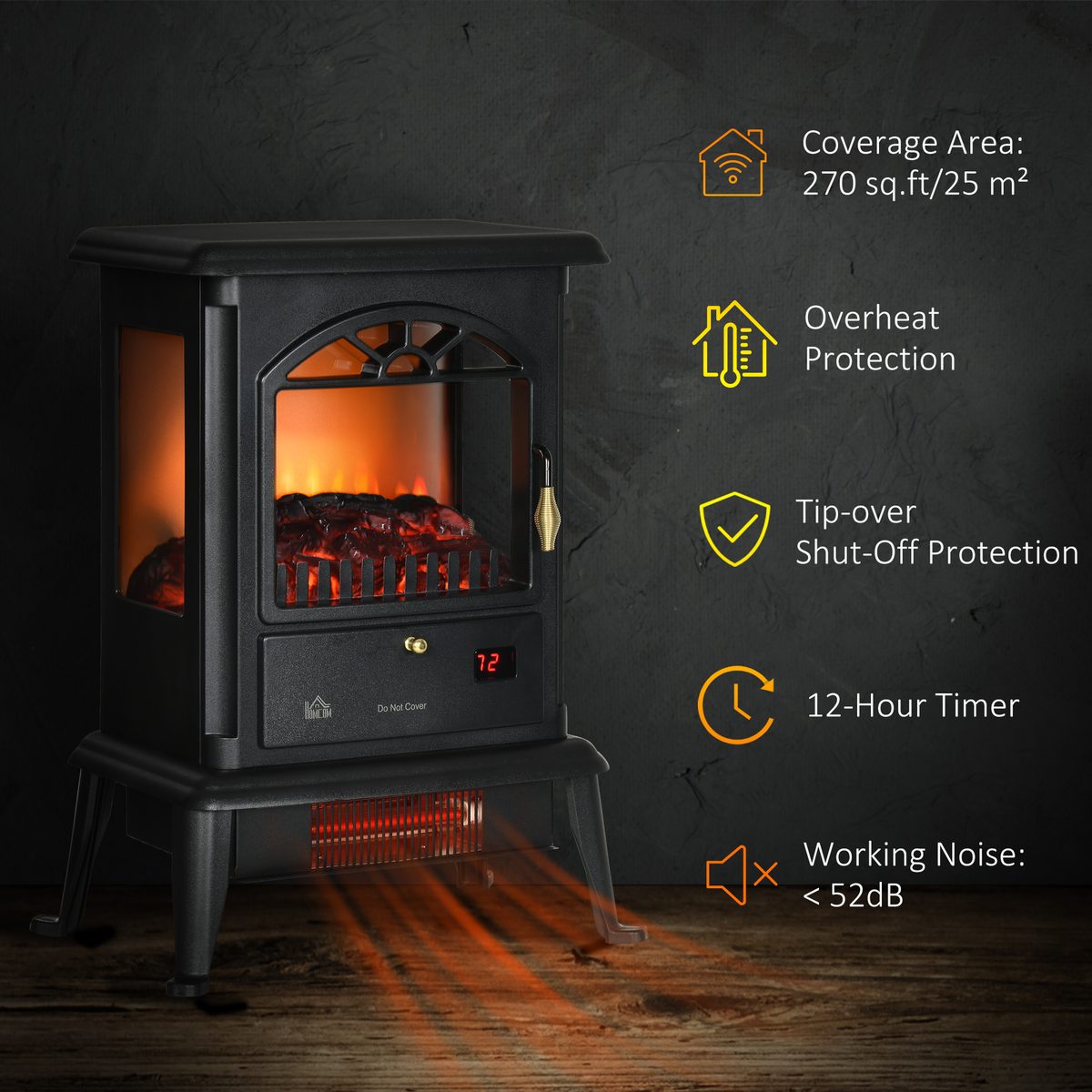 22" Infrared Electric Fireplace Stove, Freestanding Fireplace Heater with 3D Flame Effect, Adjustable Temperature, Timer, 1000W/1500W, Black