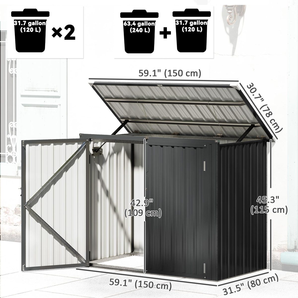 Outdoor Storage Shed Lockable Galvanized Steel Garbage Bin Shed Lift-up Lid for 2 Trash Cans