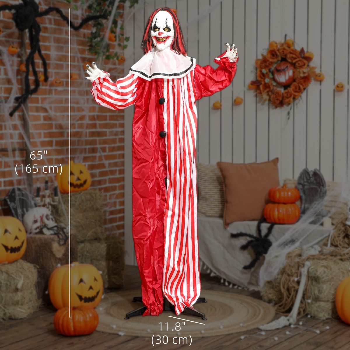 Life Size Halloween Animated Clown with Red Light Up Eyes, Sound Activated Scary Halloween Decorations, Battery Operated